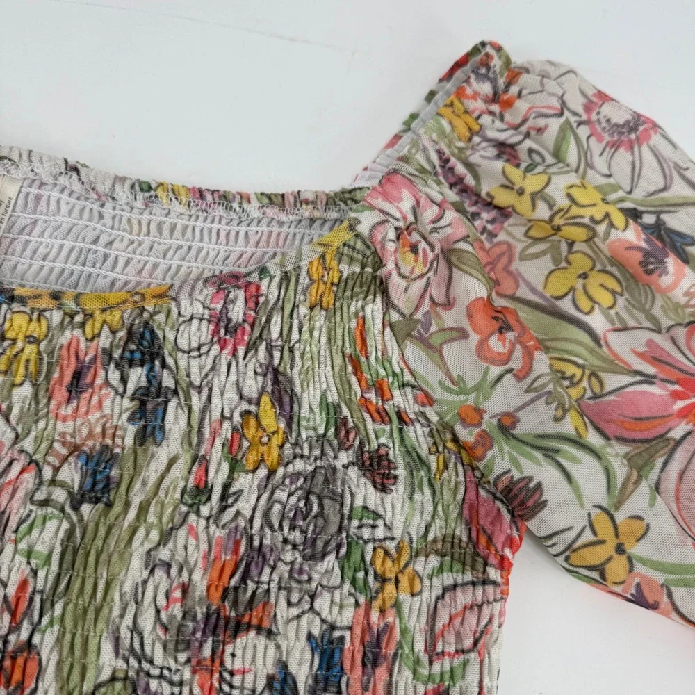 By Anthropologie Aurelia Floral Smocked Mesh Puff Sleeve Top Multi-Color Small